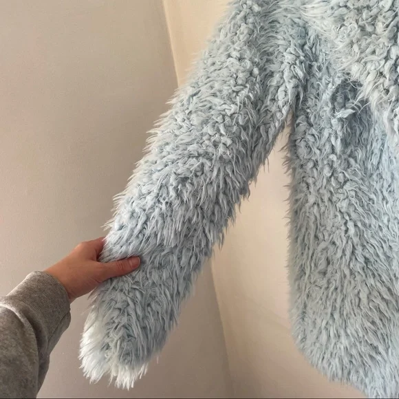Guess Blue Fuzzy Faux Fur Jacket Ice Blue - Picture 6 of 9